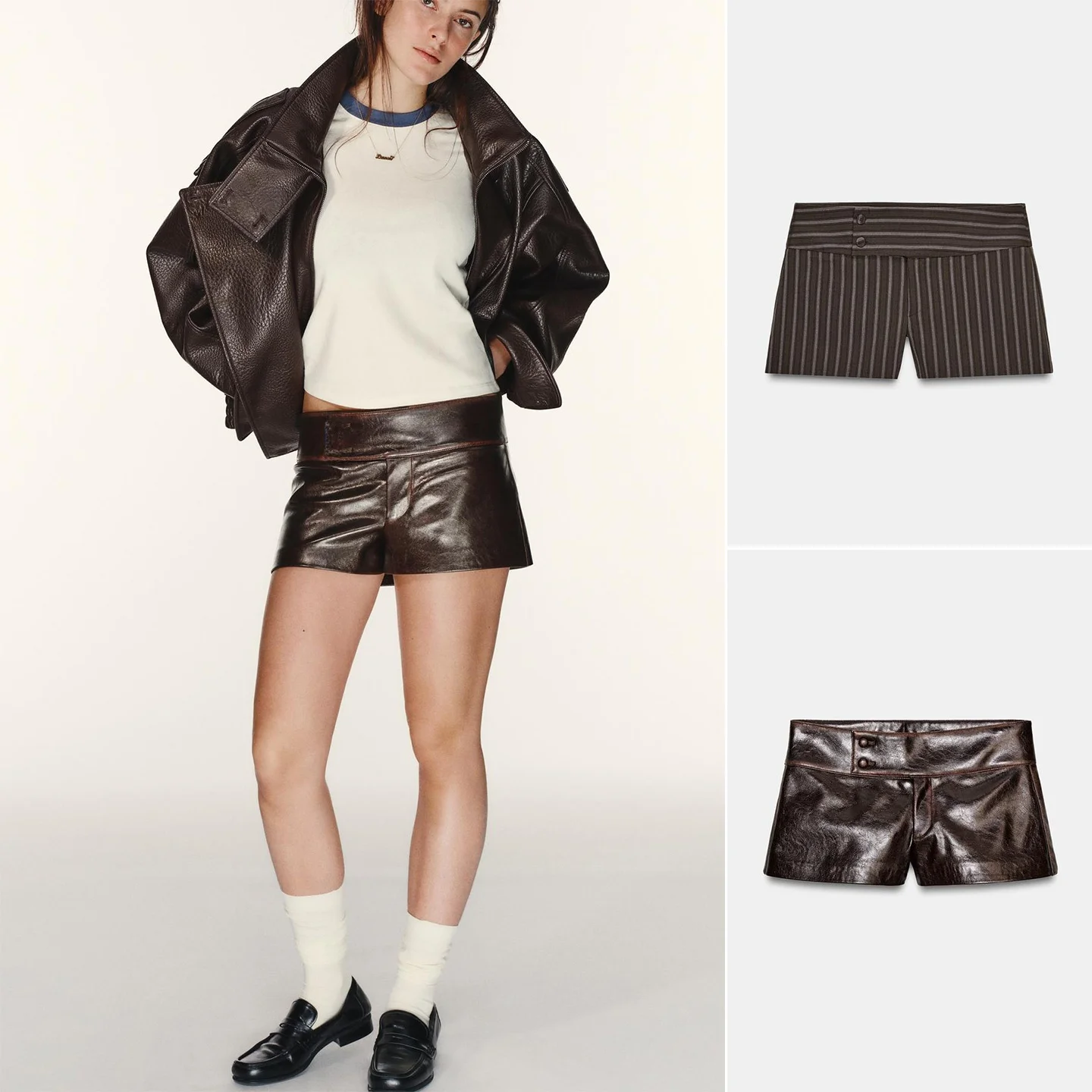 

Spring New Women's Slim Fit Waist Short Pants Striped PU Leather Simulation Fabric Ladies Fashion College Style Polyester Fiber