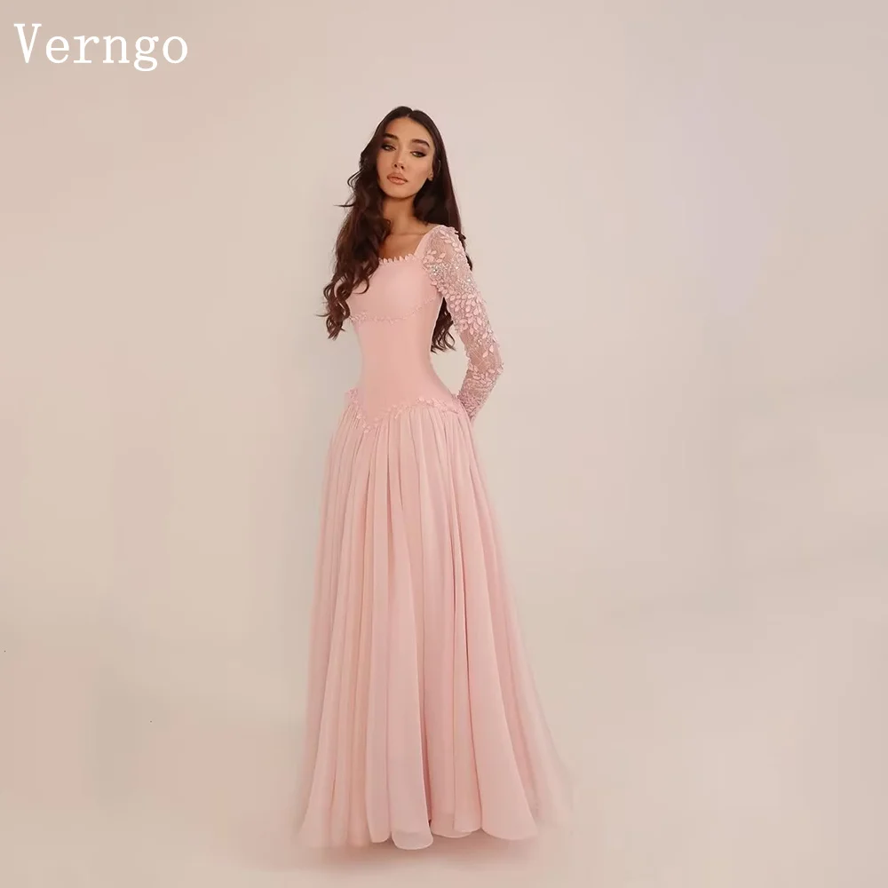 

Verngo Luxury Pink Beads Prom Gownn O Neck Full Sleeves A Line Evening Dress Modern Maxi Prom Party Gowns Customized