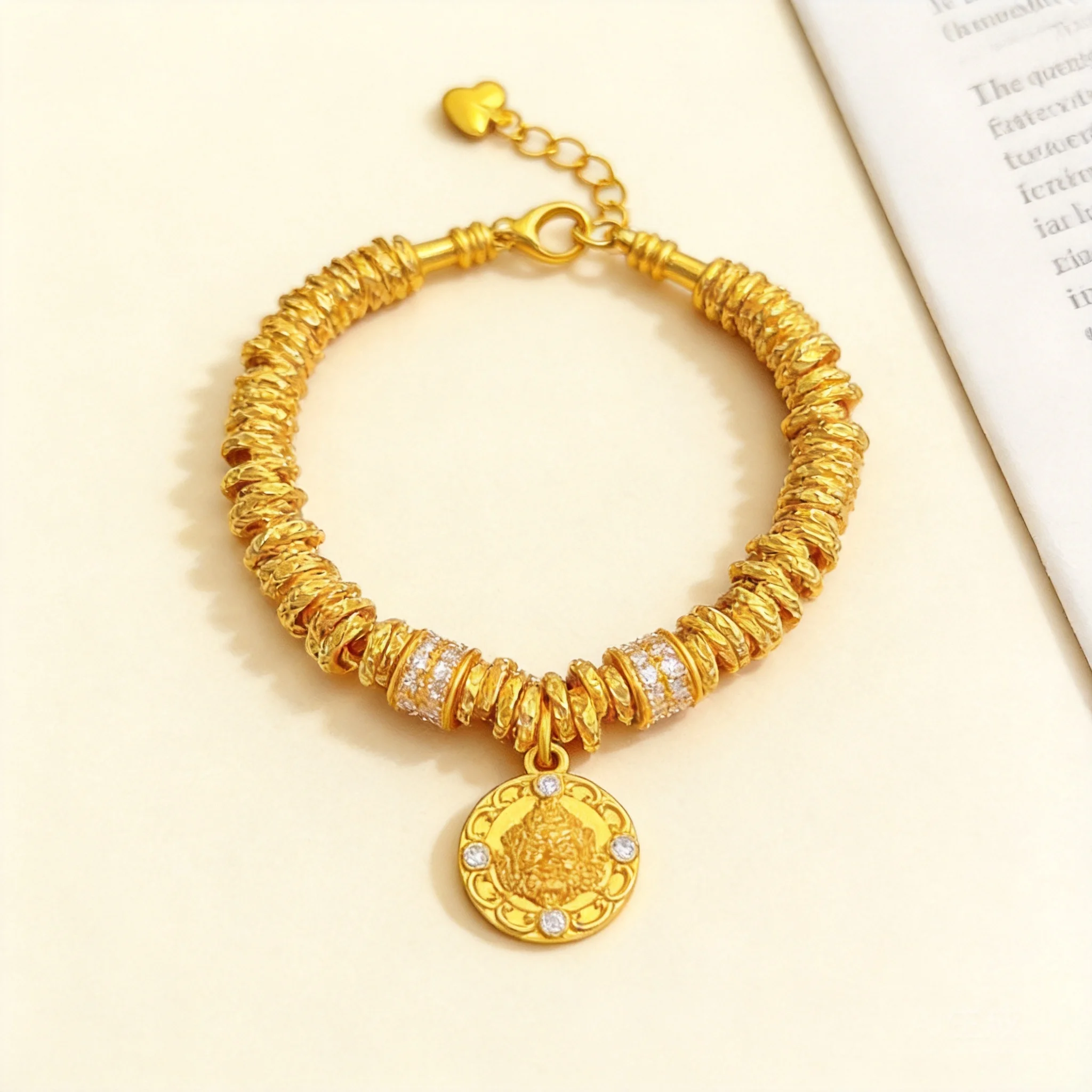 

24k Real Gold Plated Chinese Style Yellow Caishen Hammered Disc Strand Bracelet For Women Inlaid Shiny Rhinestone Lucky Wealth