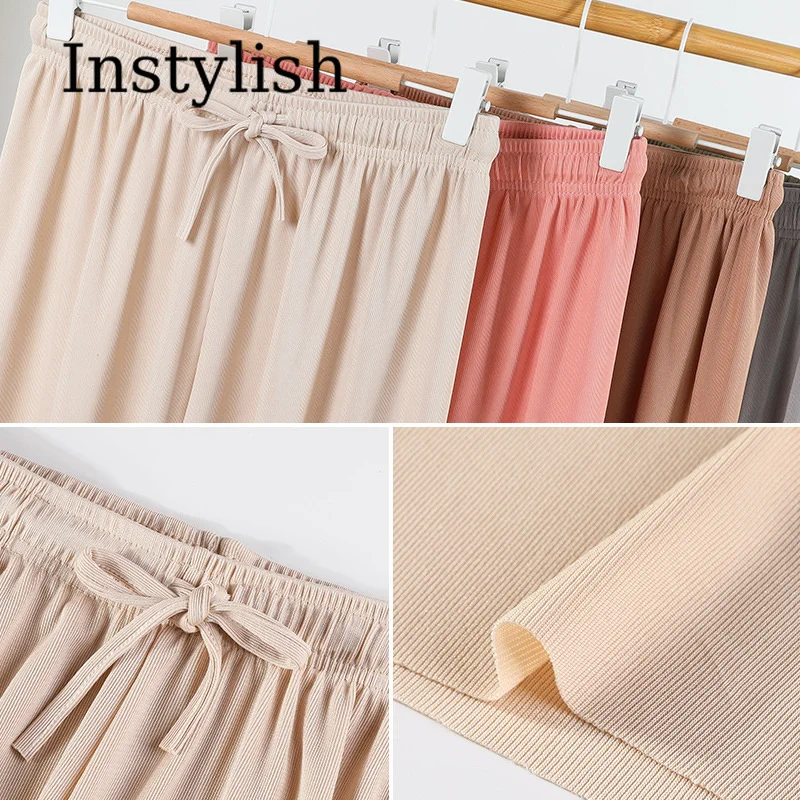 Women's Ice Silk Wide Leg Pants High Waist Drawstring Casual Trousers Lightweight Elastic Waist Loose Solid Color Summer Pants