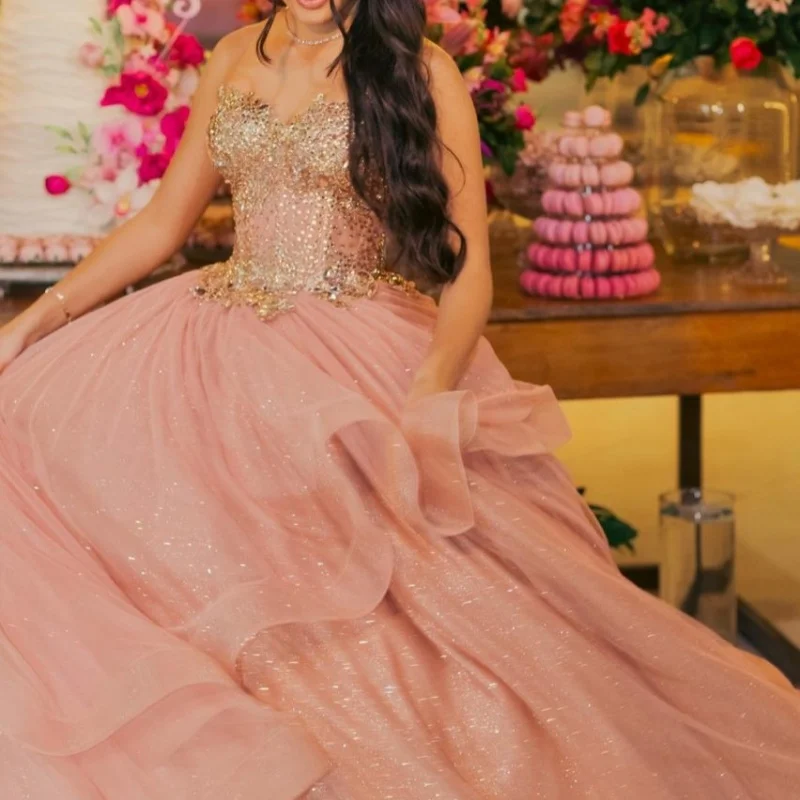 Champagne Quinceanera robe cristal paillettes décalcomanie dentelle superposition longue queue robes De 15 Quinceanera ﻿ Personnaliser