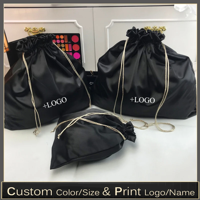 50PCS Black Satin Hair Bag Custom Logo Drawstring Pouch Makeup/Jewelry/Hair Extensions/Wigs Packaging Bags 18x30/30x40cm