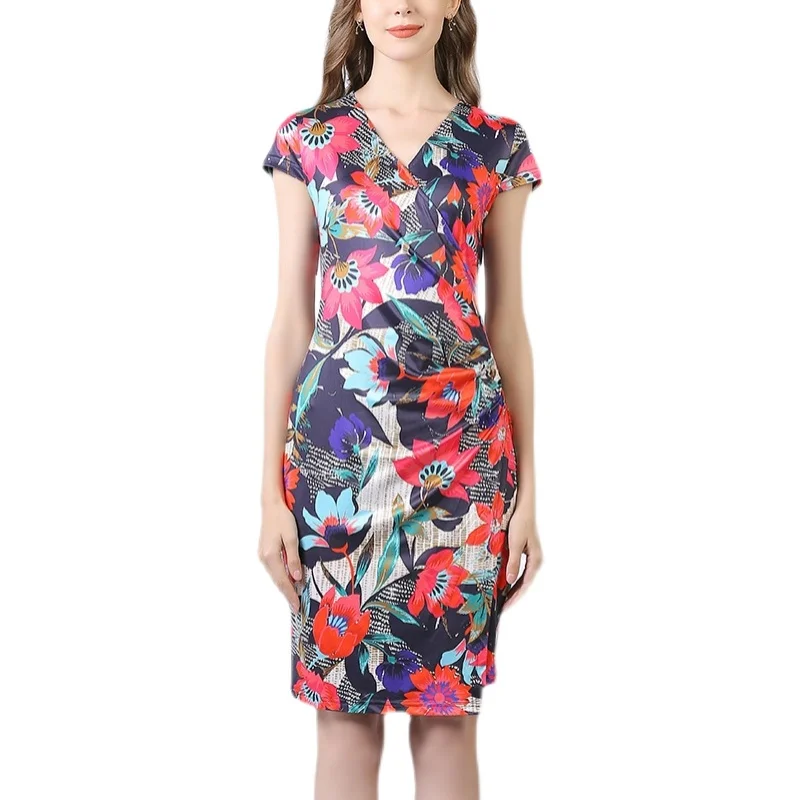 

Women's V-Neck Short Sleeve Mini Pleated Dresses, Flower Print, Fashion