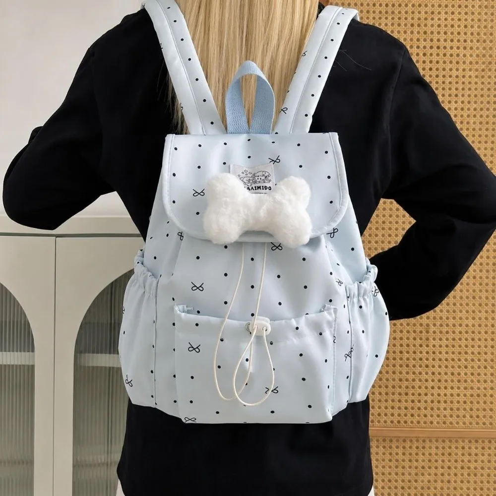 Sweet Drawstring Polka Dot Backpack Bowknot Ultra Light Double Shoulder Bag Large Capacity Nylon Commuting Backpack Travel