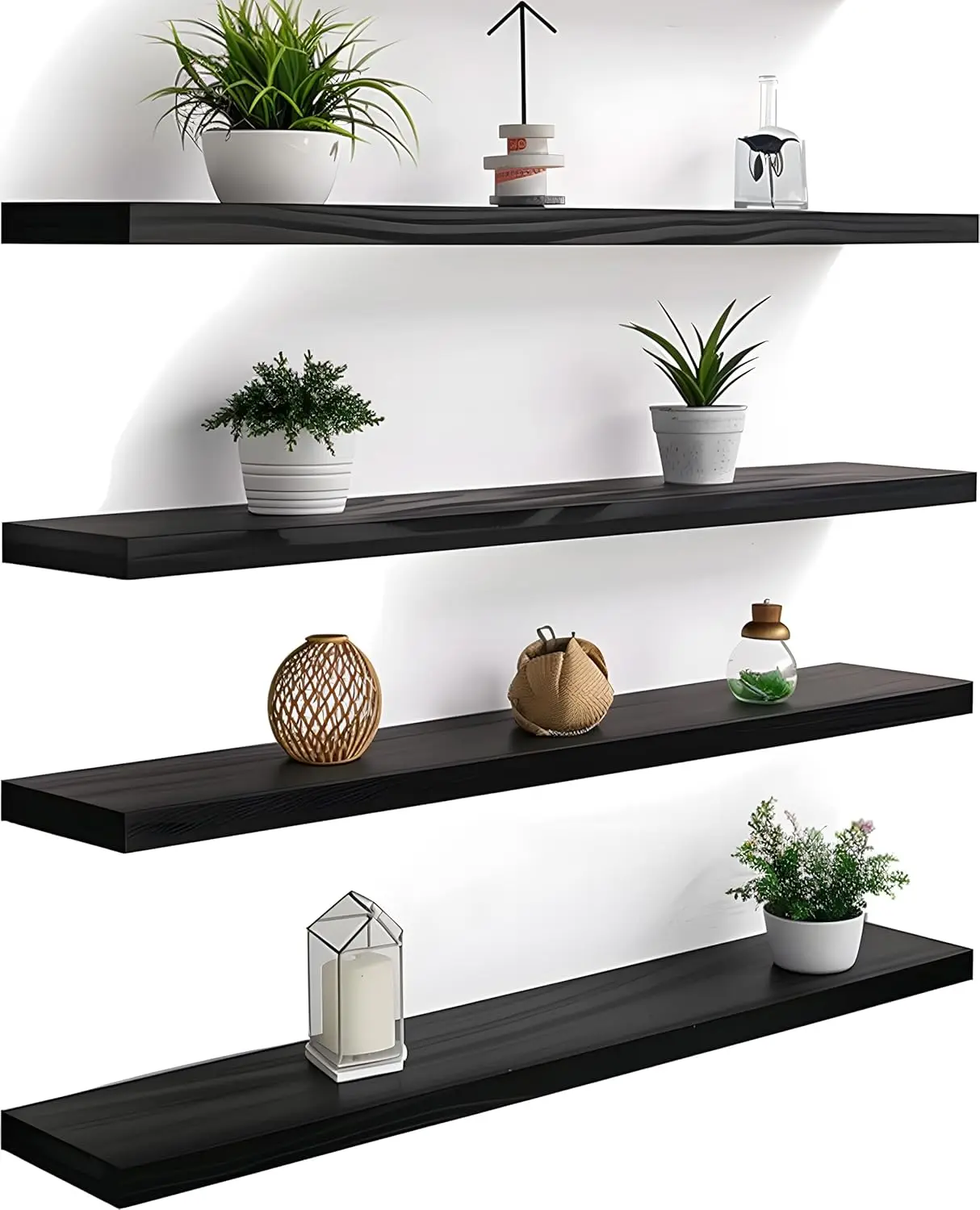 Wood Floating Shelves for Wall Decor, Rustic Wall Shelves for Bedroom Bathroom Kitchen Living Room, Set of 4 Black 36 Inch