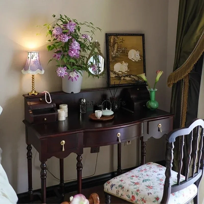 A  French retro old dresser solid wood Roman column dressing table makeup stool glass combination