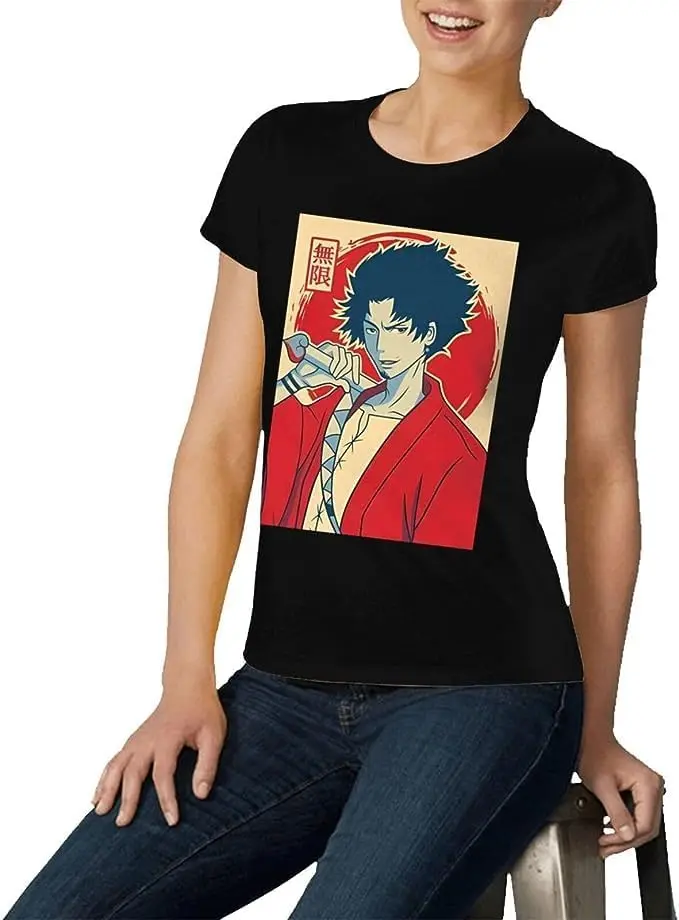 Samurai Anime Champloo Shirt Women's Fashion Short Sleeve Cotton T Shirts Quick Dry Pattern Custom Tee Tops Black
