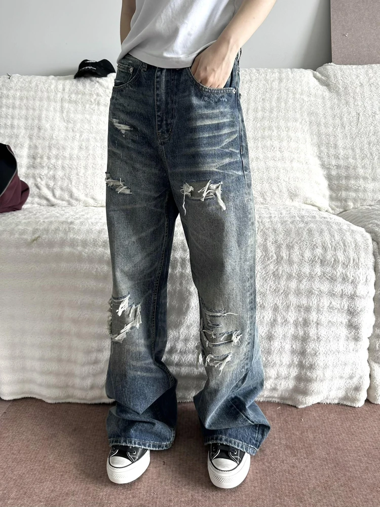 

Cleanfit Men's High Street Washed Vintage Denim Jeans Tear Hole Straight Leg Pants American Style Youth Trend Autumn Wear