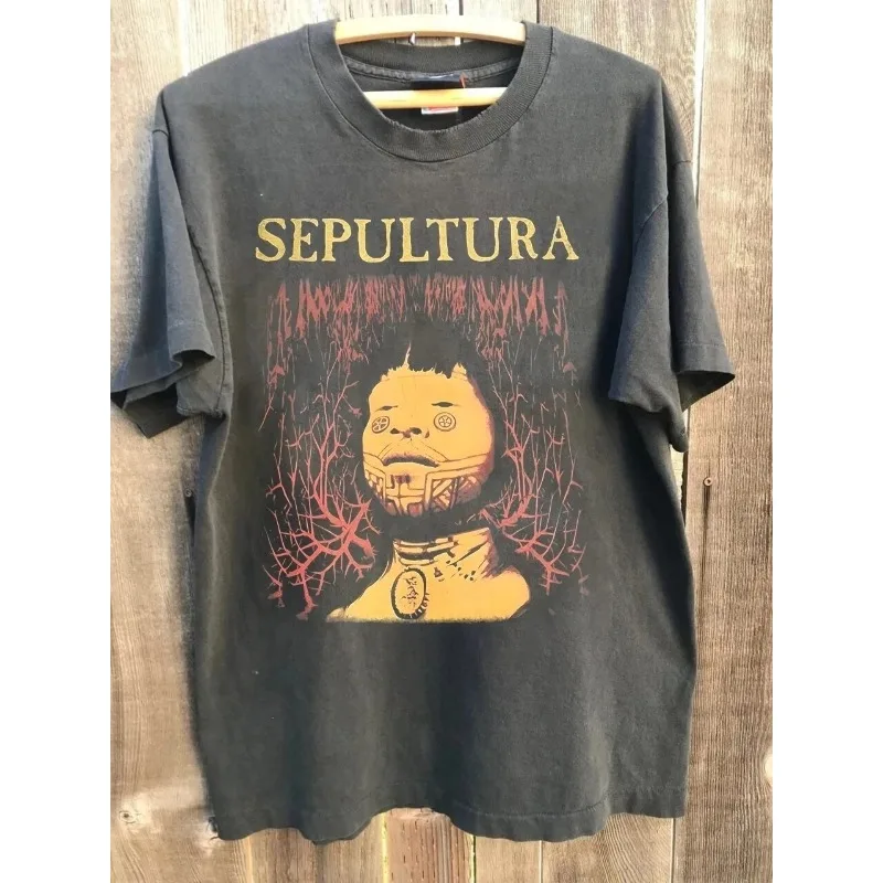 Men's Summer Men's Round Neck Cotton T-shirt Sepultura Music Metal Band Vintage 90s Charcoal Grey Neutral T-shirt