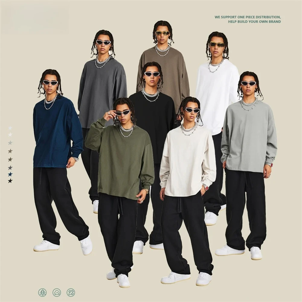 

Антимикробная повседневная футболка с защитой от запаха, мужская тяжелая рубашка с длинными рукавами, 225 г/м2, свободный крой, удобный базовый топ высокого качества