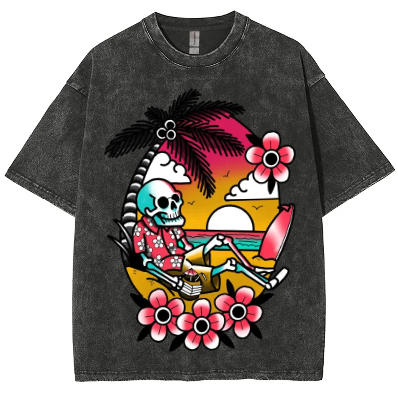 

American Vintage Cartoon Skull Print Women's T-Shirt Washed Cotton Worn Distressed Mid Sleeve Fashion Street Hip Hop Top