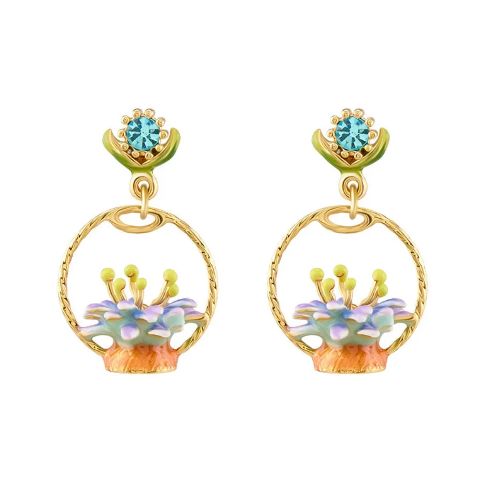 

Bohemia Small Fresh New Chinese Style Flower Basket Earrings Oil Painting Style High-end Enamel Retro National Style Earrings
