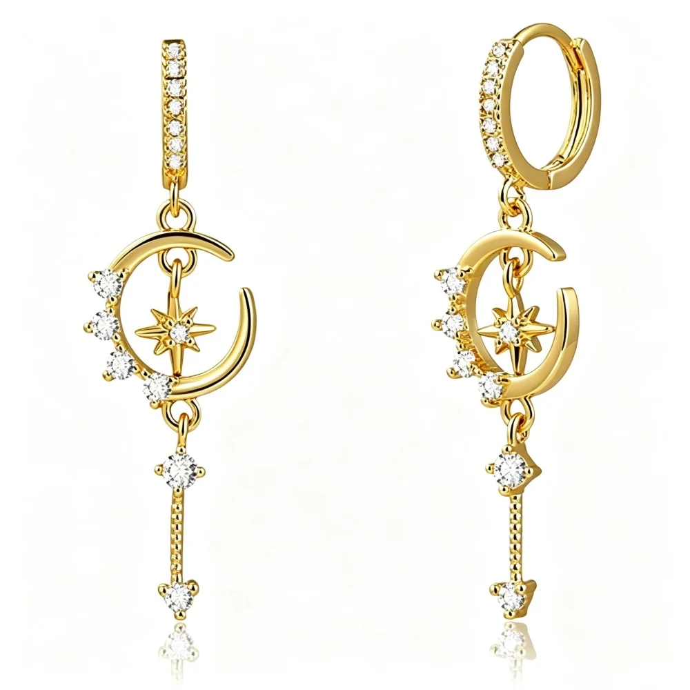 14K vergoldete Mond-Stern-Ohrringe mit Zirkonia für Damen, wasserdicht, zierliche lange Hängeohrringe für den Alltag und Partys, Schmuckgeschenke