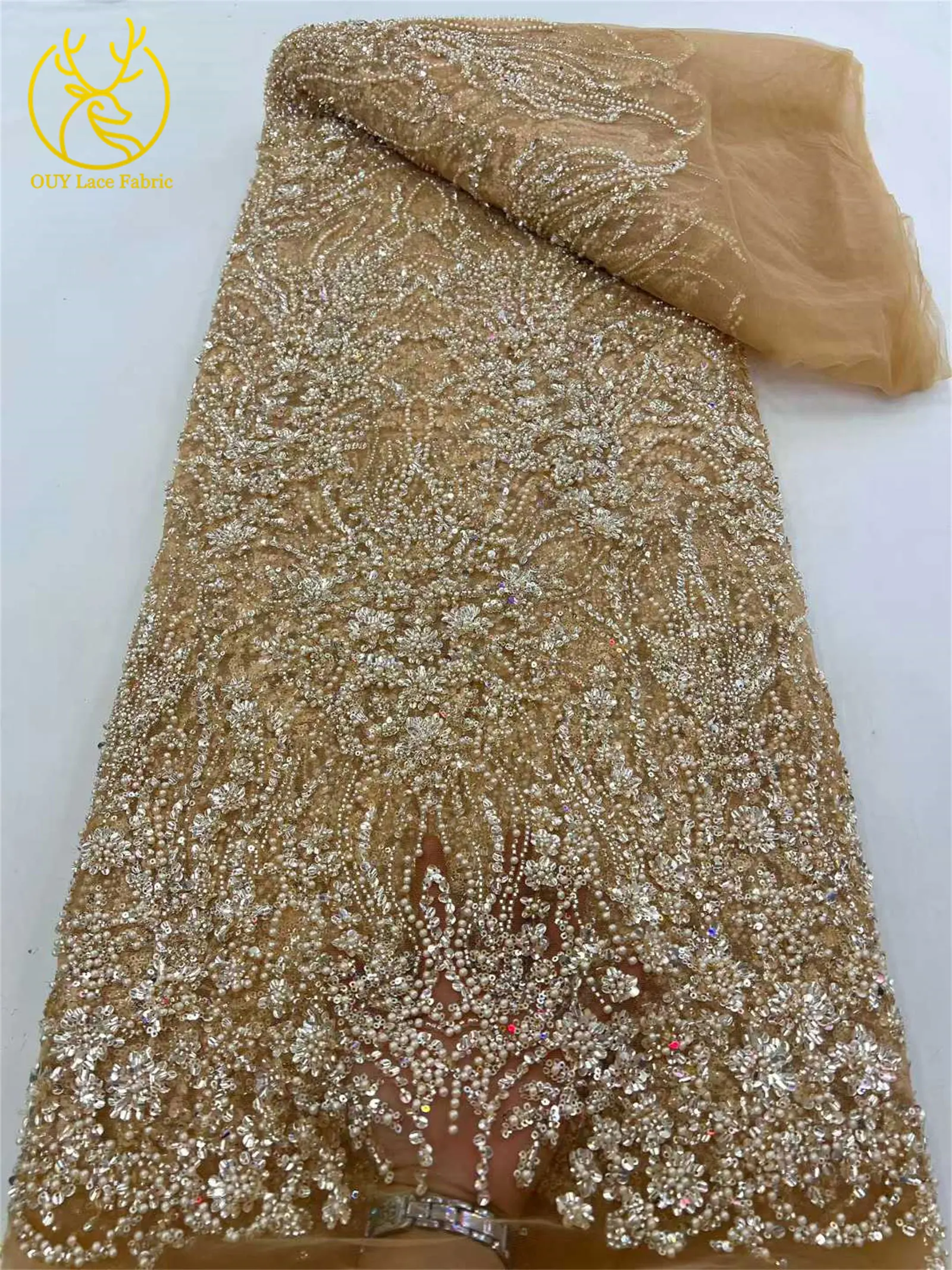 2026 Afrika Bräutigam Perlen-Spitzenstoff 5 Yards Hochwertige Französische Pailletten-Spitze für Braut Hochzeits-Abendkleid Nähen – Detail 19