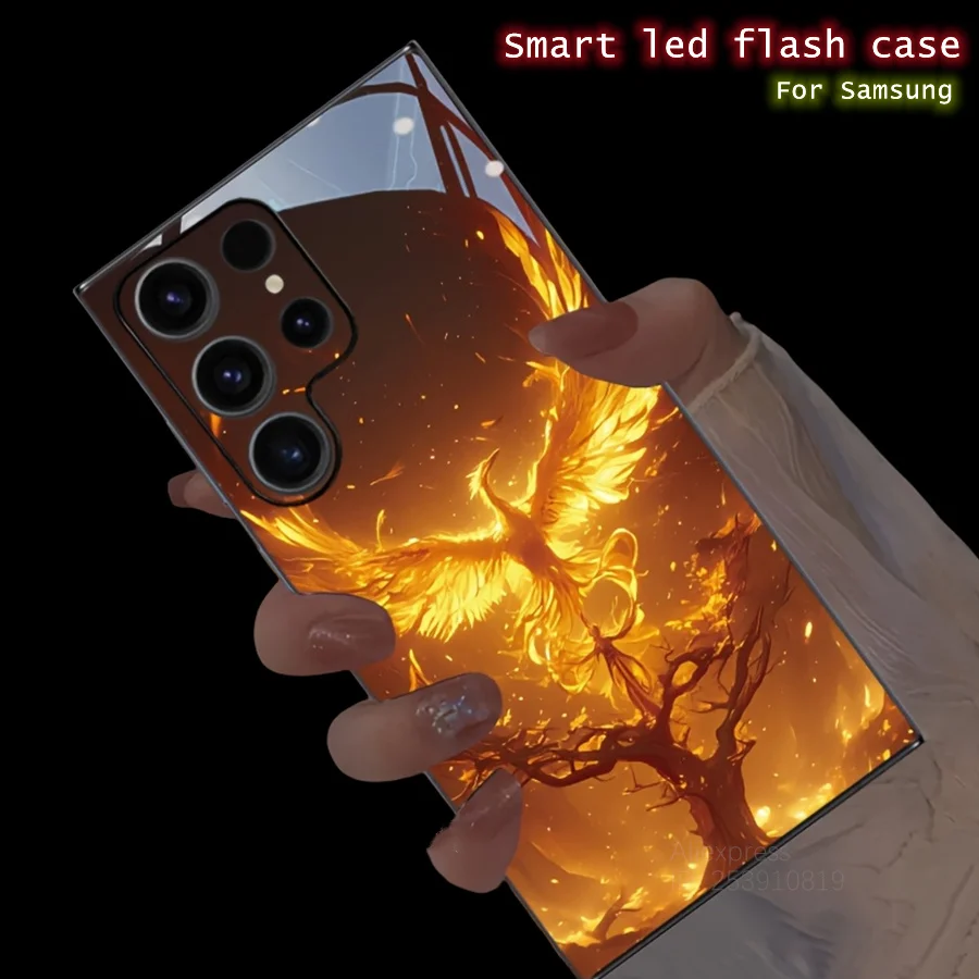 

Flame Phoenix LED Light Luminous Phone Case For Samsung Galaxy S25 Ultra S24 S23 FE S22 S21 Plus Glow Glass Back Cover Eagle
