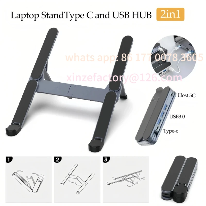 

Customizable 2-in-1 Metal Foldable Laptop Stand Adjustable Holder with USB C Hub