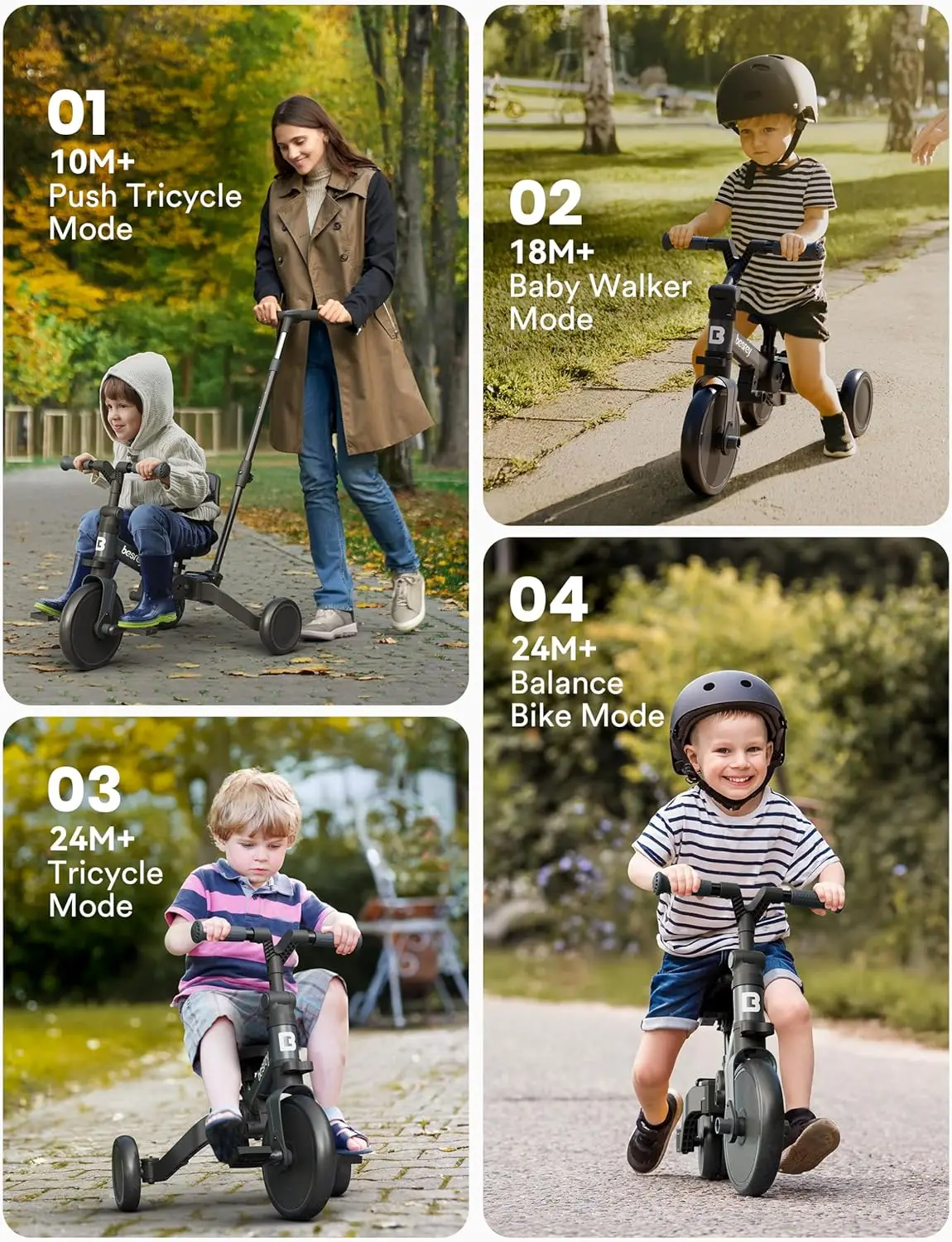 5 in 1 Toddler Bike, Toddler Tricycle for 1-3 Year Old, Trike with Push Handle, Backrest and Safety Belt, Birthday Gifts and Toy