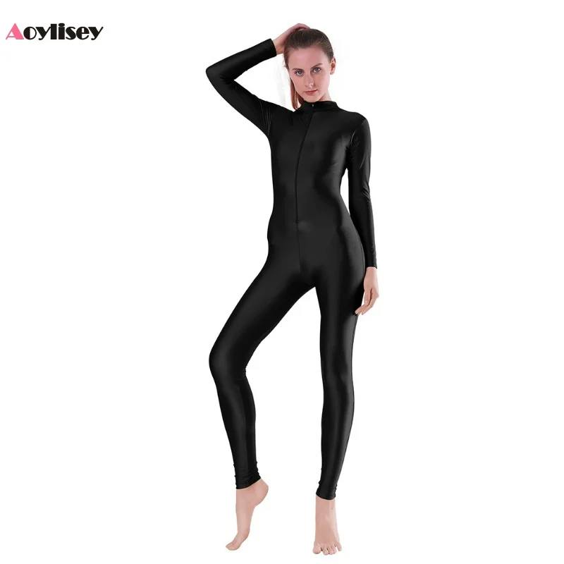 Woman Black Unitard Front Zipper Spandex Bodysuit Ballet Dance Wear Adults Men Mock Neck Aerial Yoga Bodycon Costumes