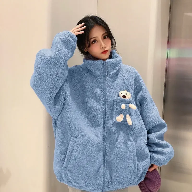 Solid Color Stand-up Collar Casual Spring Korean Women\'s Bear Jacket Version of Cute Bear Plus Velvet Thick Street Jacket 2023