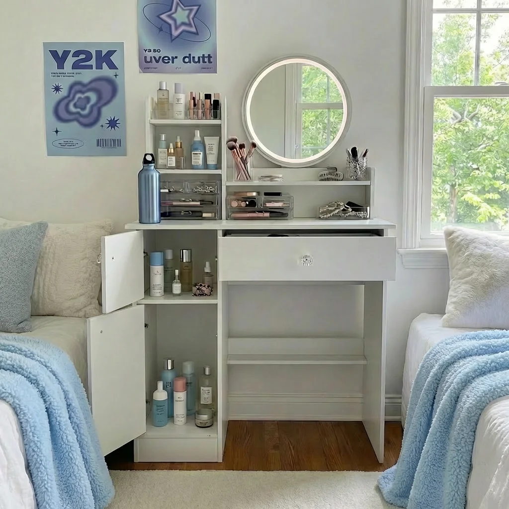 

Компактный белый туалетный столик - LED-зеркало и место для хранения, компактный столик для макияжа и укладки волос