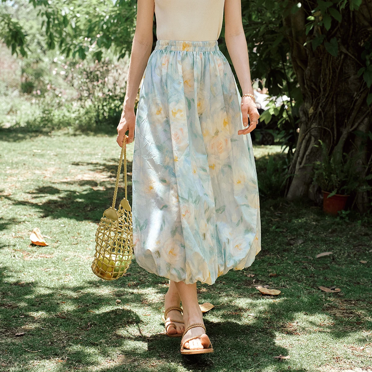 OLrain French Floral Printed Skirts for Woman 2025 Summer Elastic Waist Casual Blooming Midi Skirt Female Clothing O57XB99928