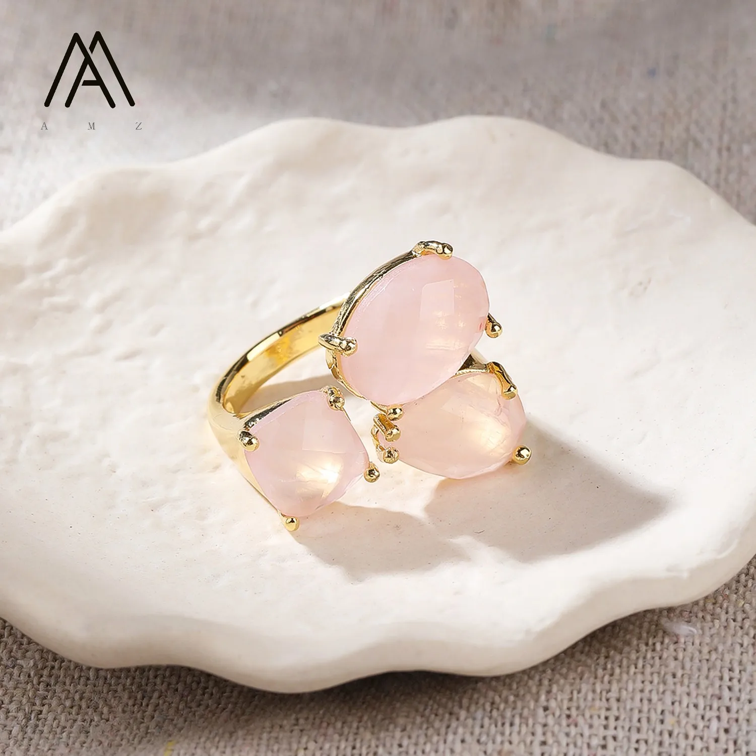 18K Gold Plated Ring Pink Crystal Ring for Women Light Luxury Adjustable Open Band Ring Natural Stone Rose Quartz Green Jade