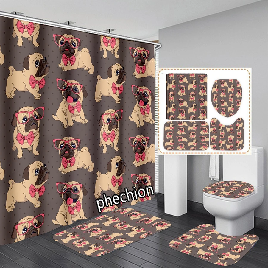 New Pug Bulldog Dogs 3D Print Shower Curtain Waterproof Bathroom Curtain Anti-slip Bath Mat Set Toilet Rugs X29