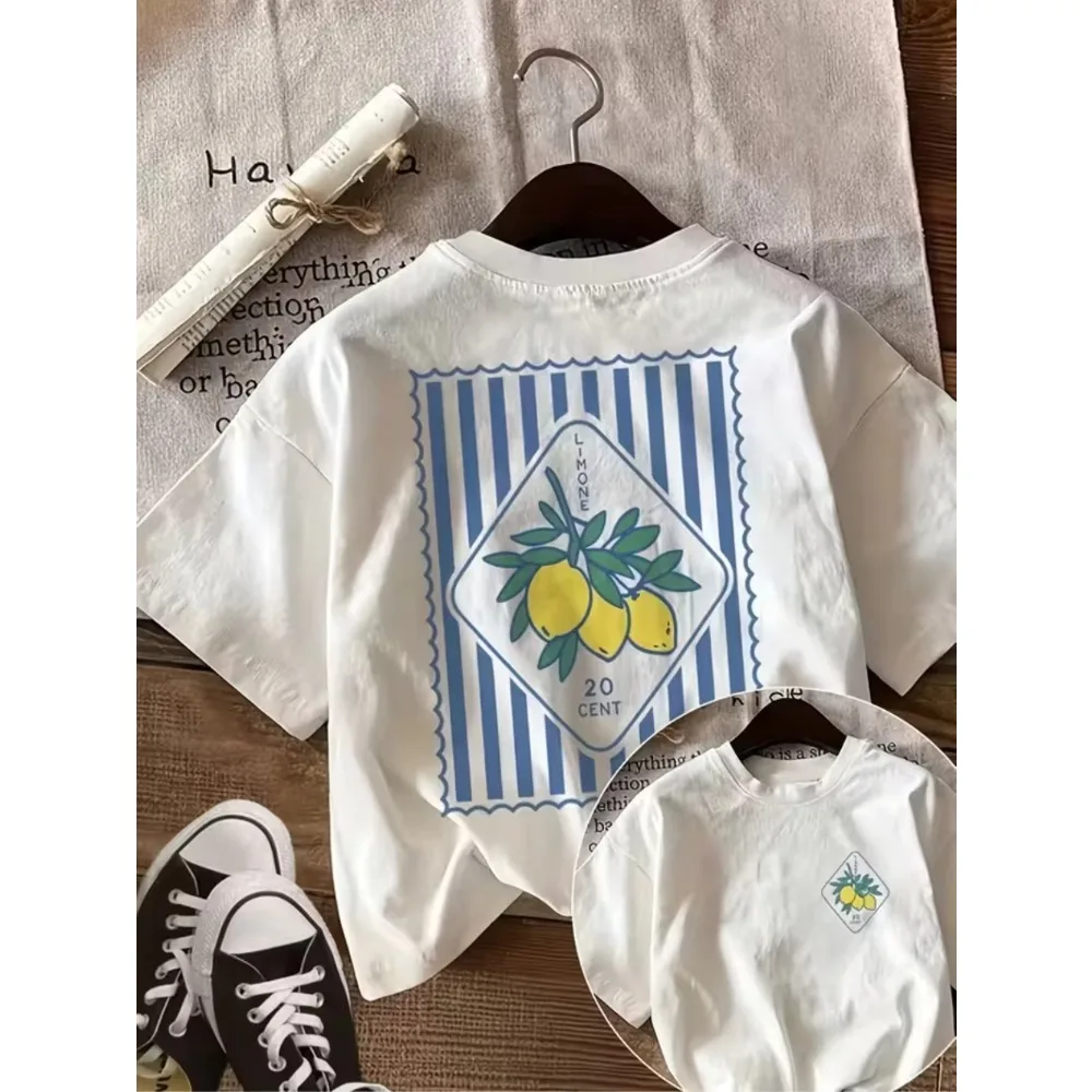 Limone Lemon Stamp Print T-Shirt Front & Back Design Casual Crew Neck Short Sleeve Men Women's T-shirt Summer Everyday Tee