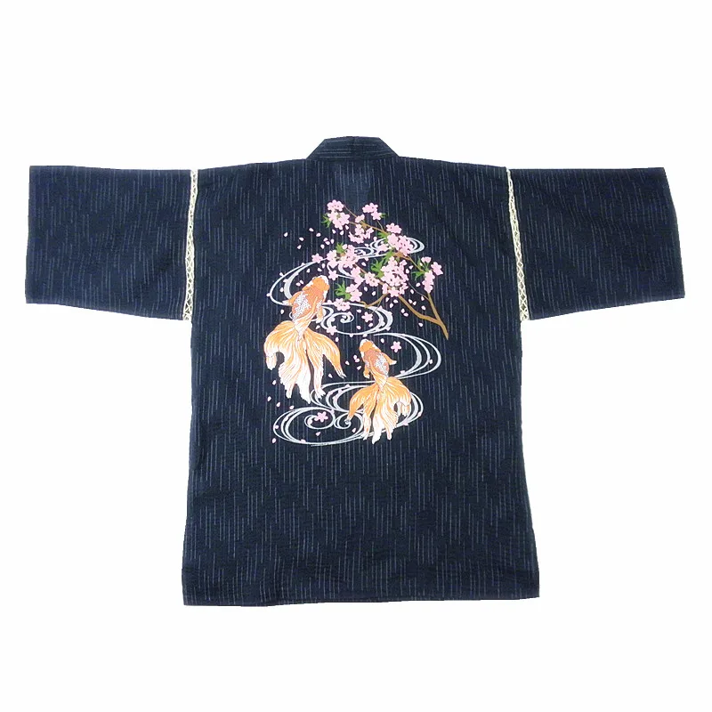 Japan Style Jinbei Haori Kimono Men Pure Cotton Pajamas Woven Cotton Men's Bathrobes Home Clothing Sakura Goldfish Totem Asian