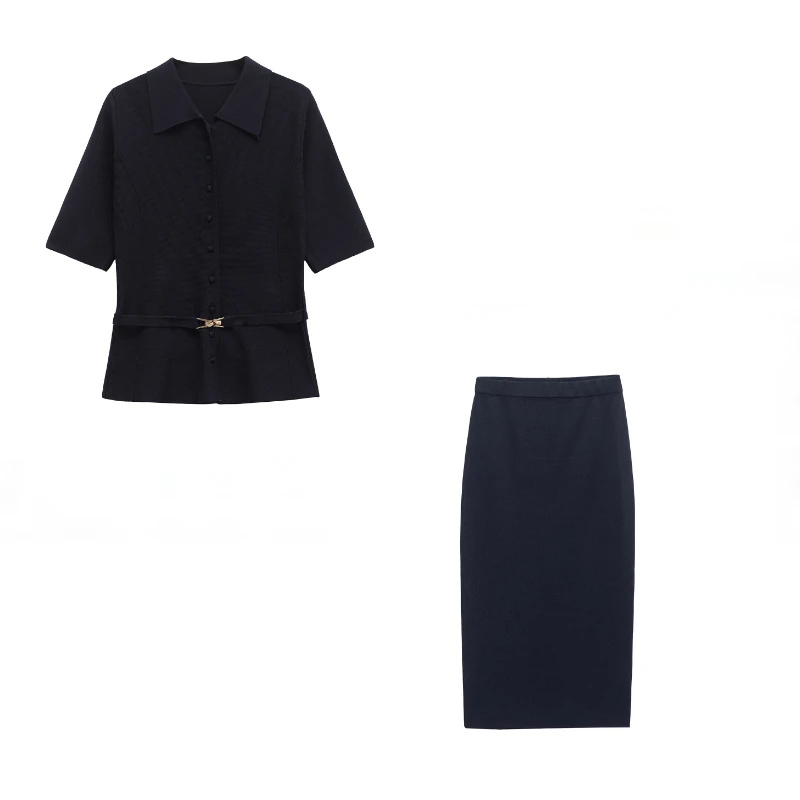 

ZBZA Women's Slim Fit Knit Cardigan Skirt Set Lapel Single Breasted Sweater with Belt High Waist Slit Skirt Spring New Chic Suit