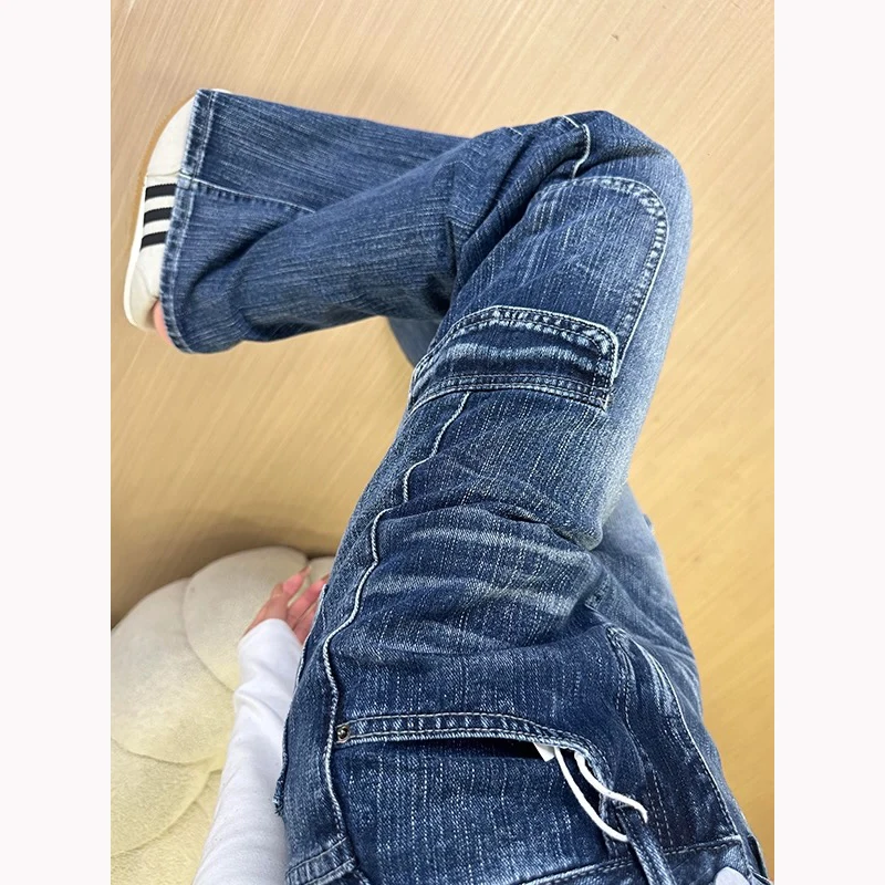 

Y2K винтажные синие джинсы женские американские спецодежда микро-клеш с антипригарным покрытием свободный крой для похудения длиной до пола универсальные