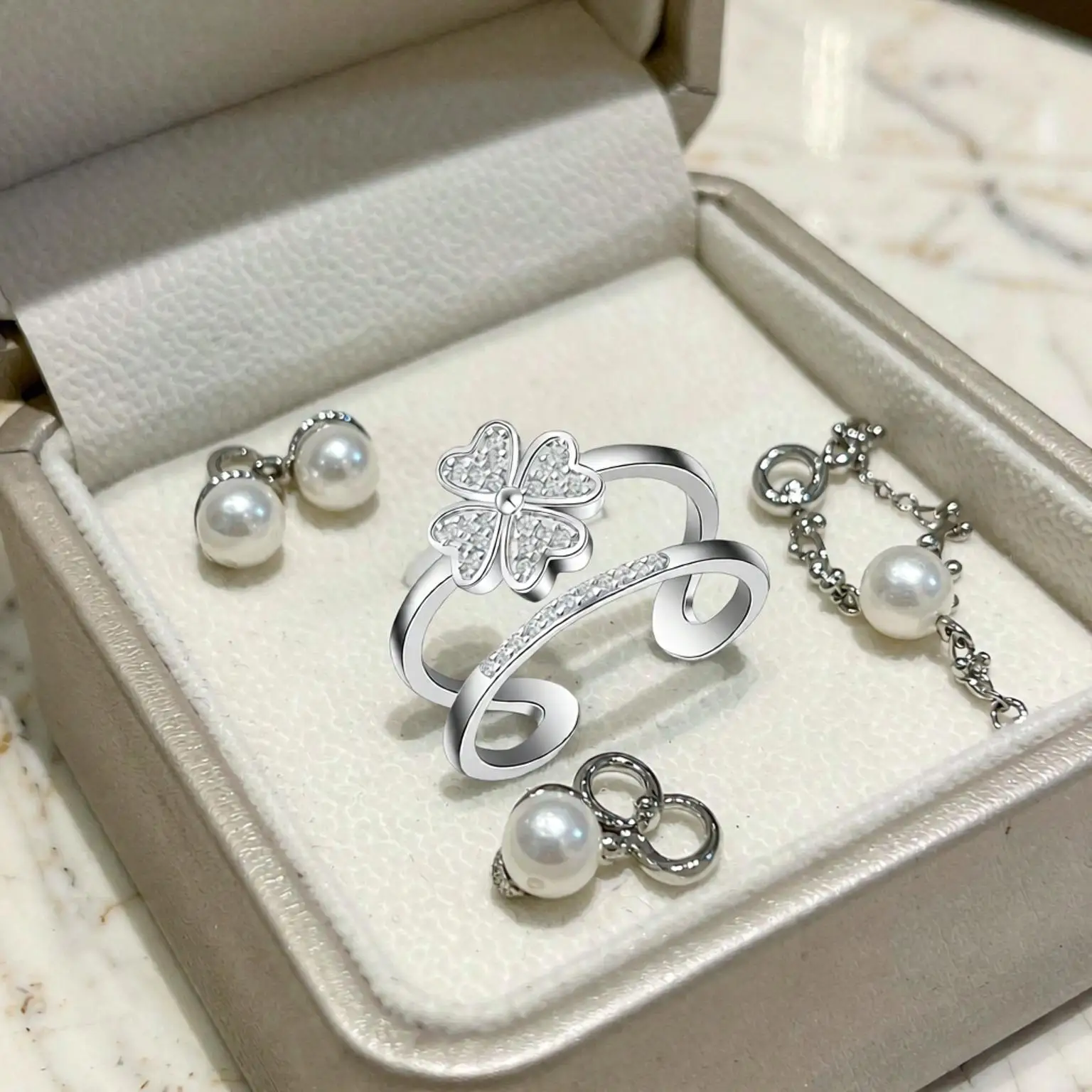 Delicate 925 Sterling Silver Four Leaf Clover Crystal Zircon Double Layer Open Rings For Women Girls Wedding Party Jewelry Gifts