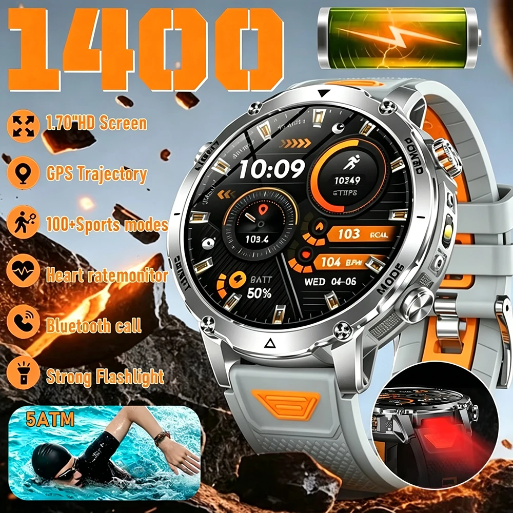 2026 Neue TANK Ultra 1400mAh Akku Militärische Smartwatch IP68 Wasserdicht Herzfrequenz Taktische Taschenlampe Herren Sport Smart Armband
