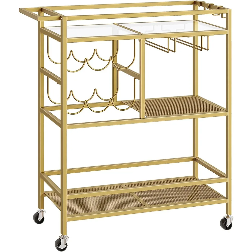 

3-Tier Gold Rolling Bar Cart with Wheels & Handle, Wine Rack & Glass Holders for Kitchen Dining Room Serving