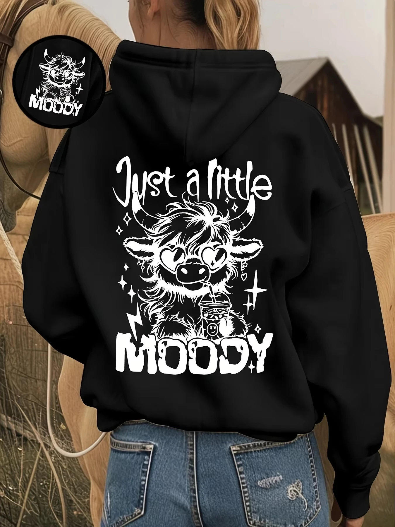 Moody Highland Cow Cartoon Graphic Hoodie Unisex Y2K Süßer Streetwear Lockerer Pullover Kapuzenpullover Hoodies Damen – Detail 10