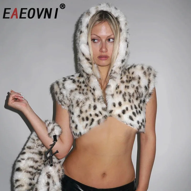 

EAEOVNI Streetwear Fur Short Shawl Tops Women Fashion Hooded Leopard Design Sleeveless Sexy Vest 2026 New Clothing