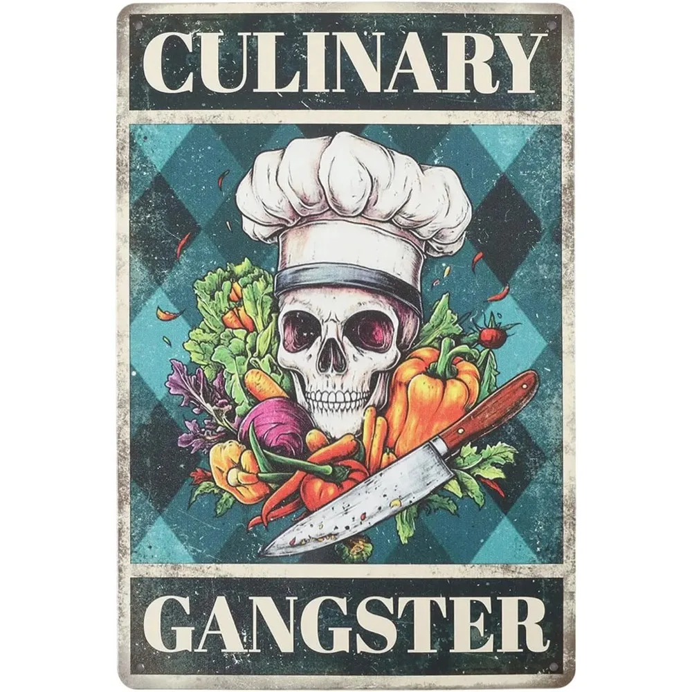 Skelett Chef Gemüse Metall Blechschild „Kulinäre Gangster“ Vintage Malerei Blechschilder 12x8 Zoll Retro Wandkunst Plakette Poste