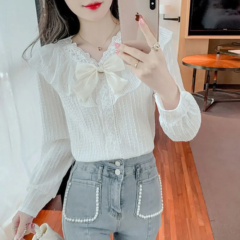 Fashion V-Neck Gauze Lace Ruffles Bow Blouses Women\'s Clothing 2023 Autumn Winter Loose Office Lady Tops Sweet Shirts