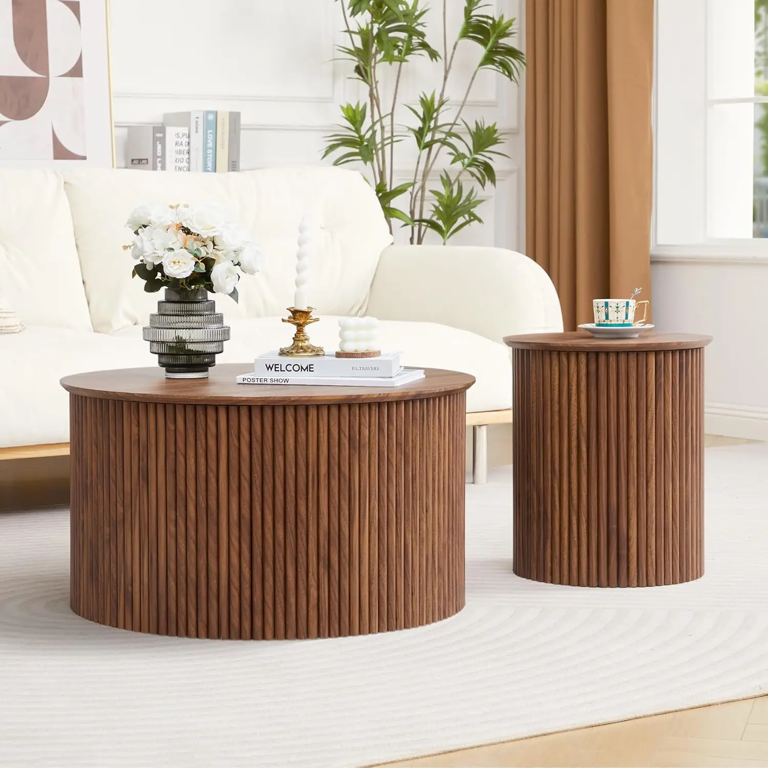 

Fluted Round Nesting Coffee Table Set of 2, Mid Century Modern Wood Coffee Tables and End Table Set, Circle Side, Customized