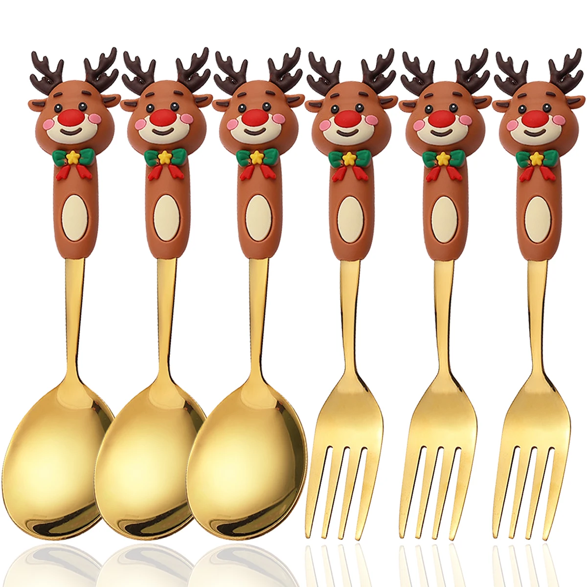 

6pcs Christmas Tree Moose Snowman Fork Spoon Set Stainless Steel Christmas Dinnerware Set Cake Fork Coffee Spoon Party Tableware