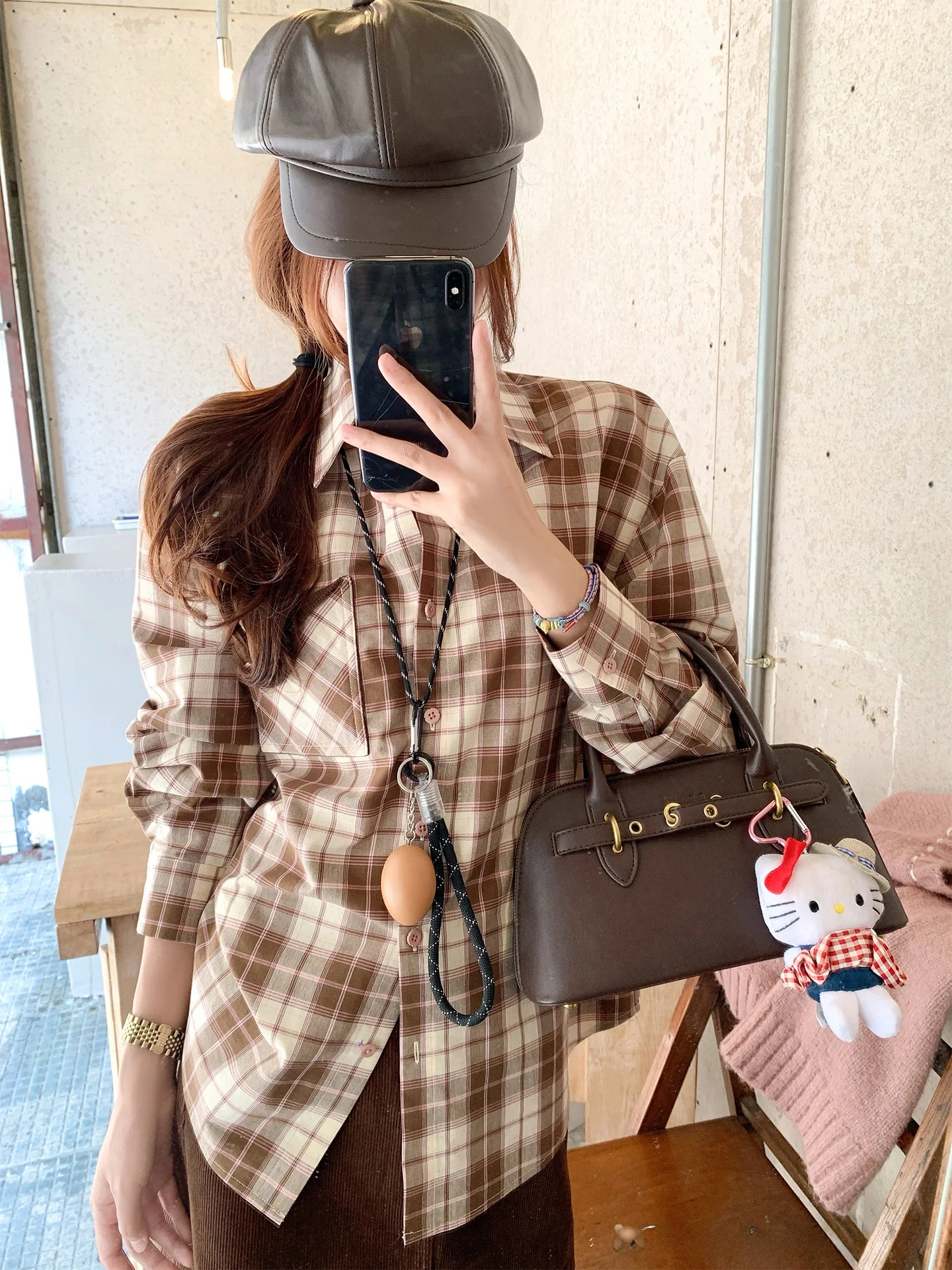 

Zeng Xiao Salted Pink Plaid irt Women's Loose Long Sve Vintage Sle Comfortable Soft Cotton Top for Autumn 2025