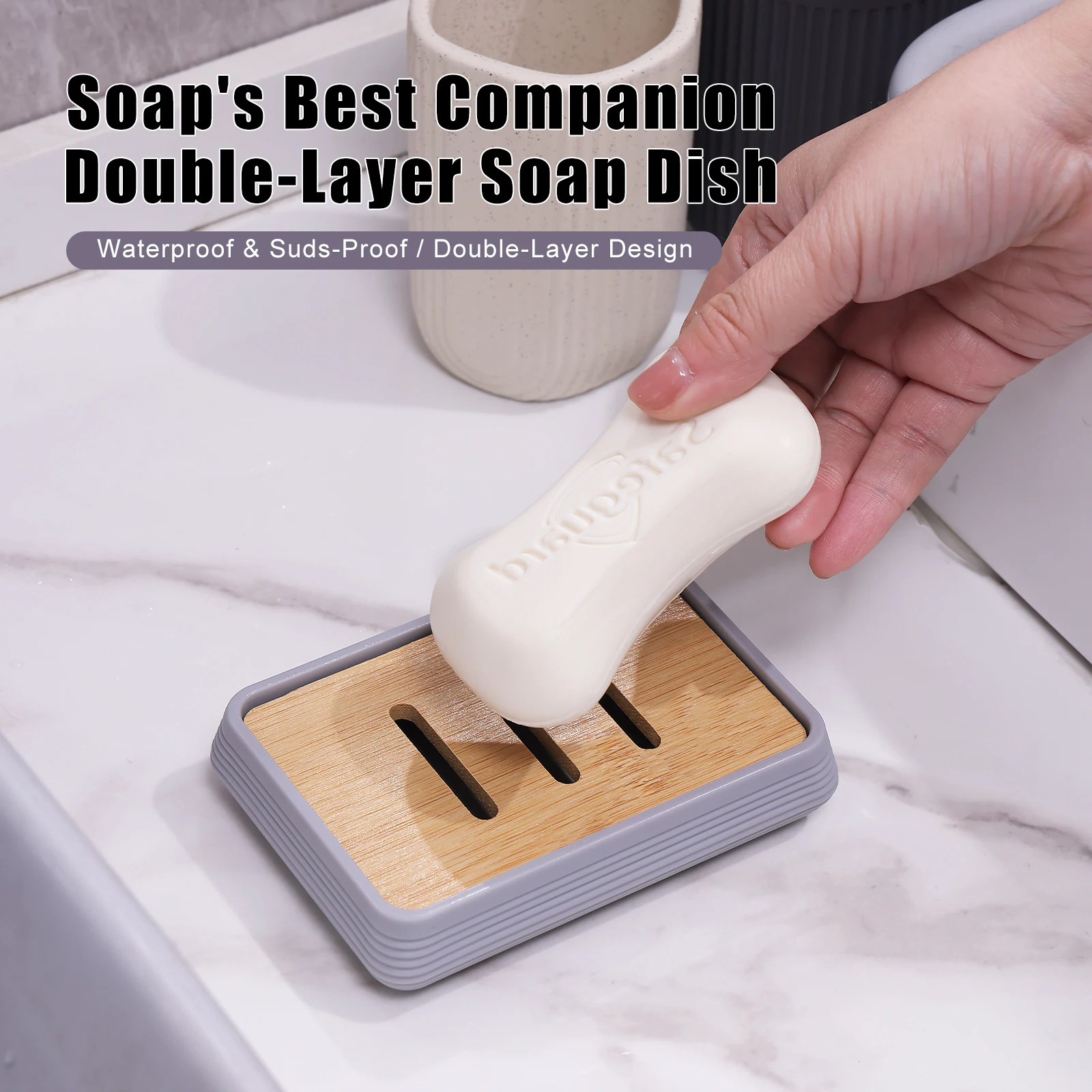 

BATHLUX Eco-Friendly Removable Modern ABS&Bamboo Soap Holder Waterproof Self-Draining Soap Dish with Tray for Bathroom Storage