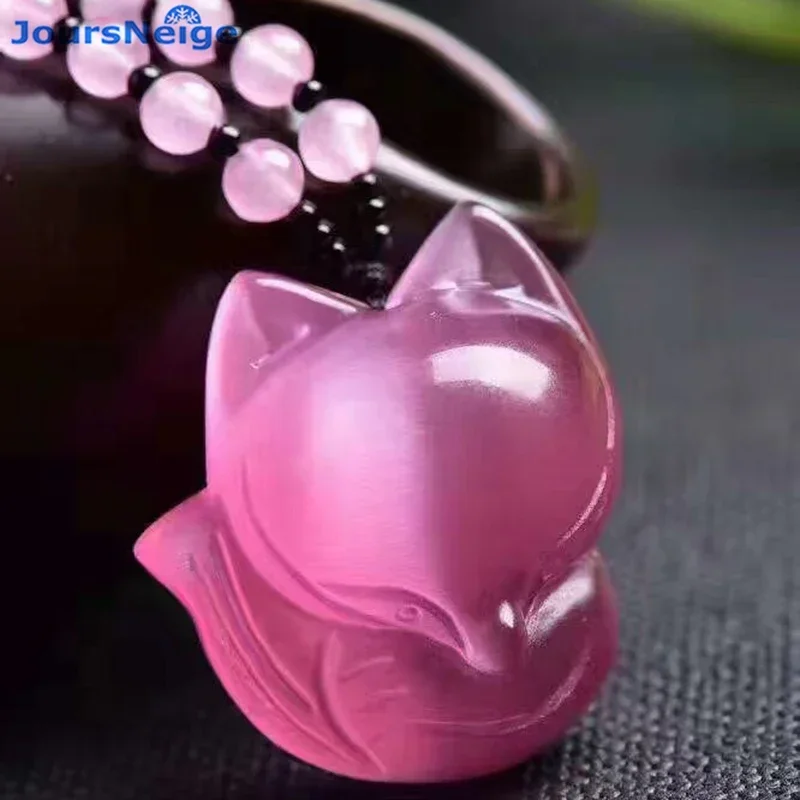 

Wholesale Pink Cat's Eye Natural Stone Pendants Carved Fox Sweater Chain Necklace Lucky for Women Girl Gift Crystal Jewelry