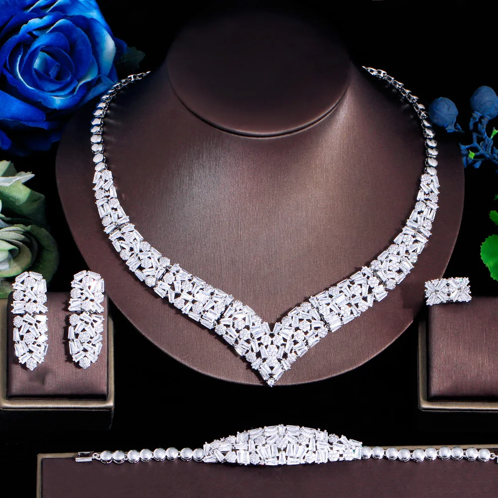 

ThreeGraces 4pcs Elegant Shiny Cubic Zirconia Stone Luxurious Dubai Nigerian Bridal Weddiing Banquet Jewelry Set for Women TZ870