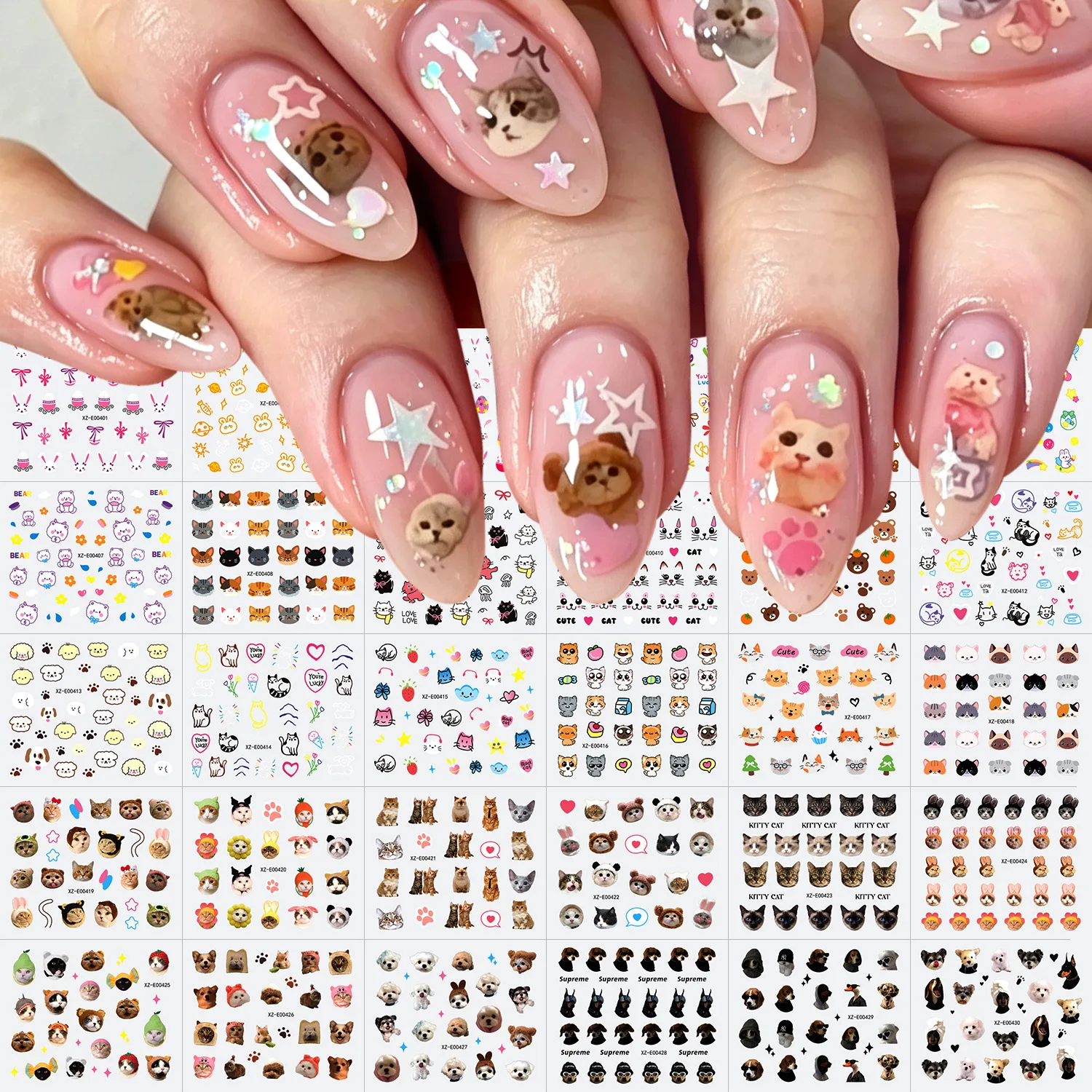 30 Stück Niedliche Hunde Katzen Tier Hasen 3D Cartoon Relief Selbstklebende Nagelkunst-Aufkleber Süße Welpen Kätzchen Stern Maniküre – Detail 2