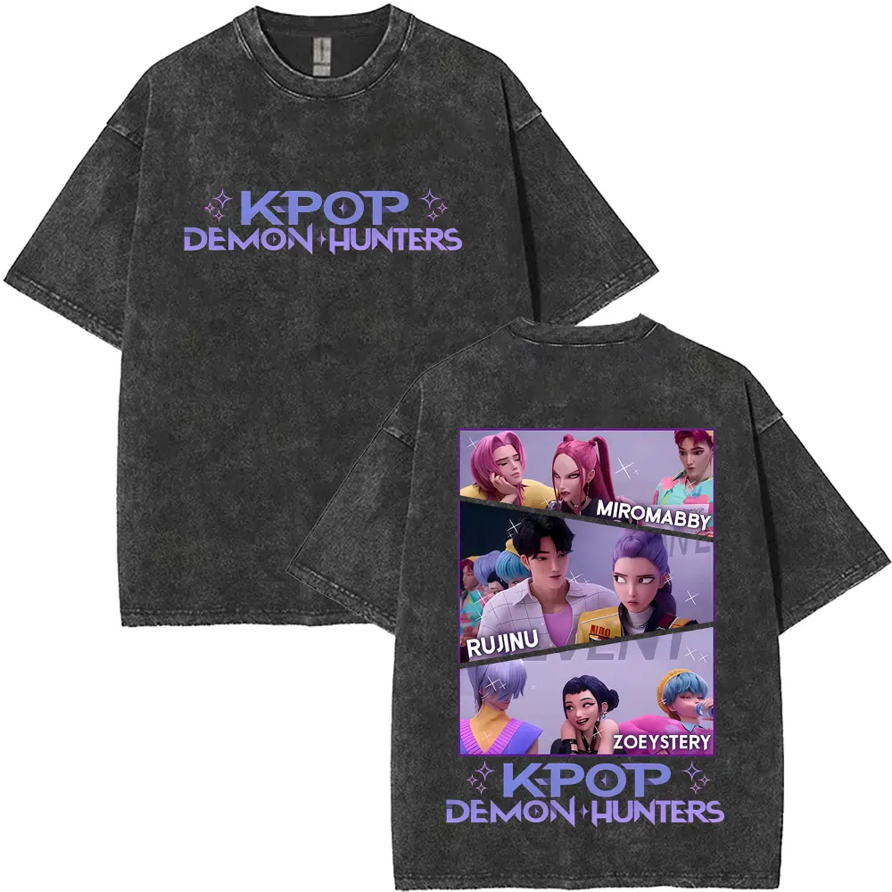 

Washed Vintage Movie KPop Demon Hunters T-shirt Rumi Mira Zoey T Shirts Saja Boys Tshirt Men Women Korean Fashion Trend T Shirt