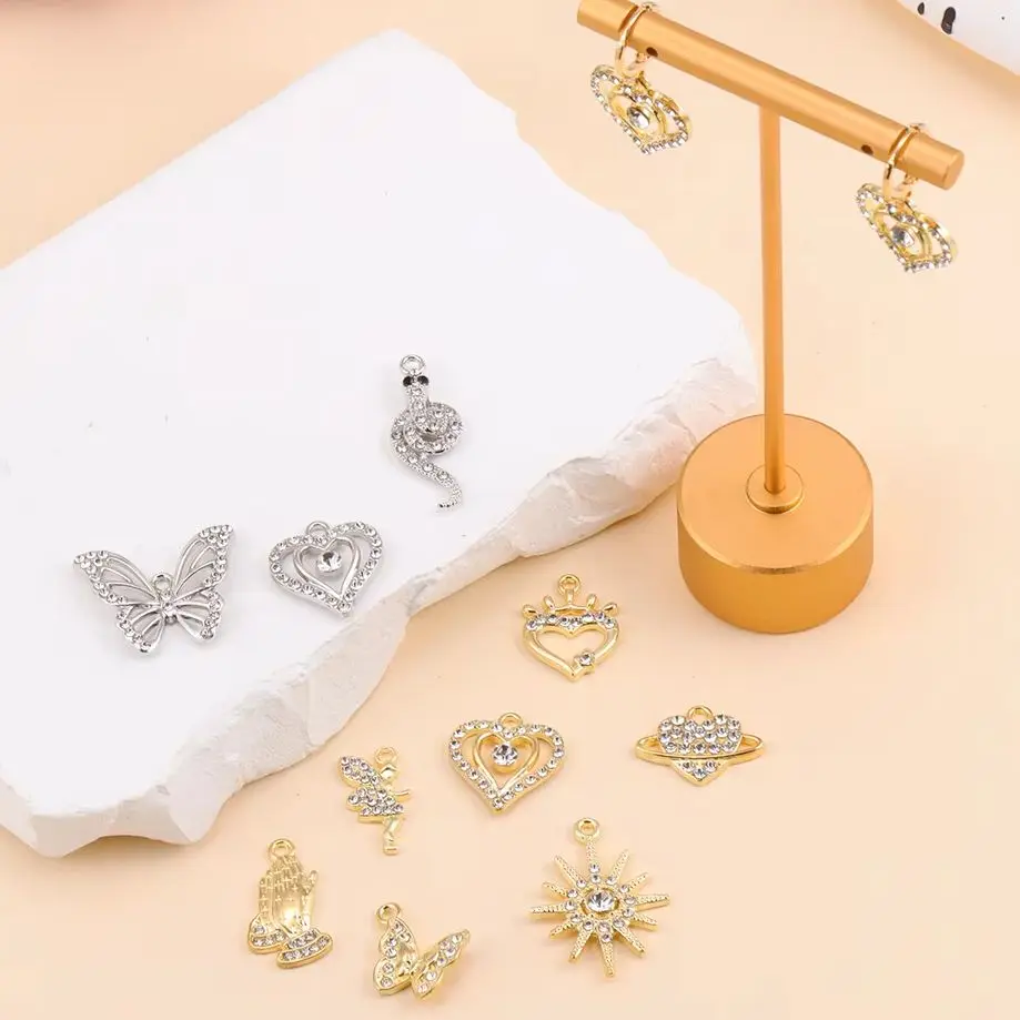 10Pcs Multi-style Rhinestone Alloy Jewelry Accessories Butterfly Love Heart Charms Pendant DIY Making Earrings Necklace Ornament