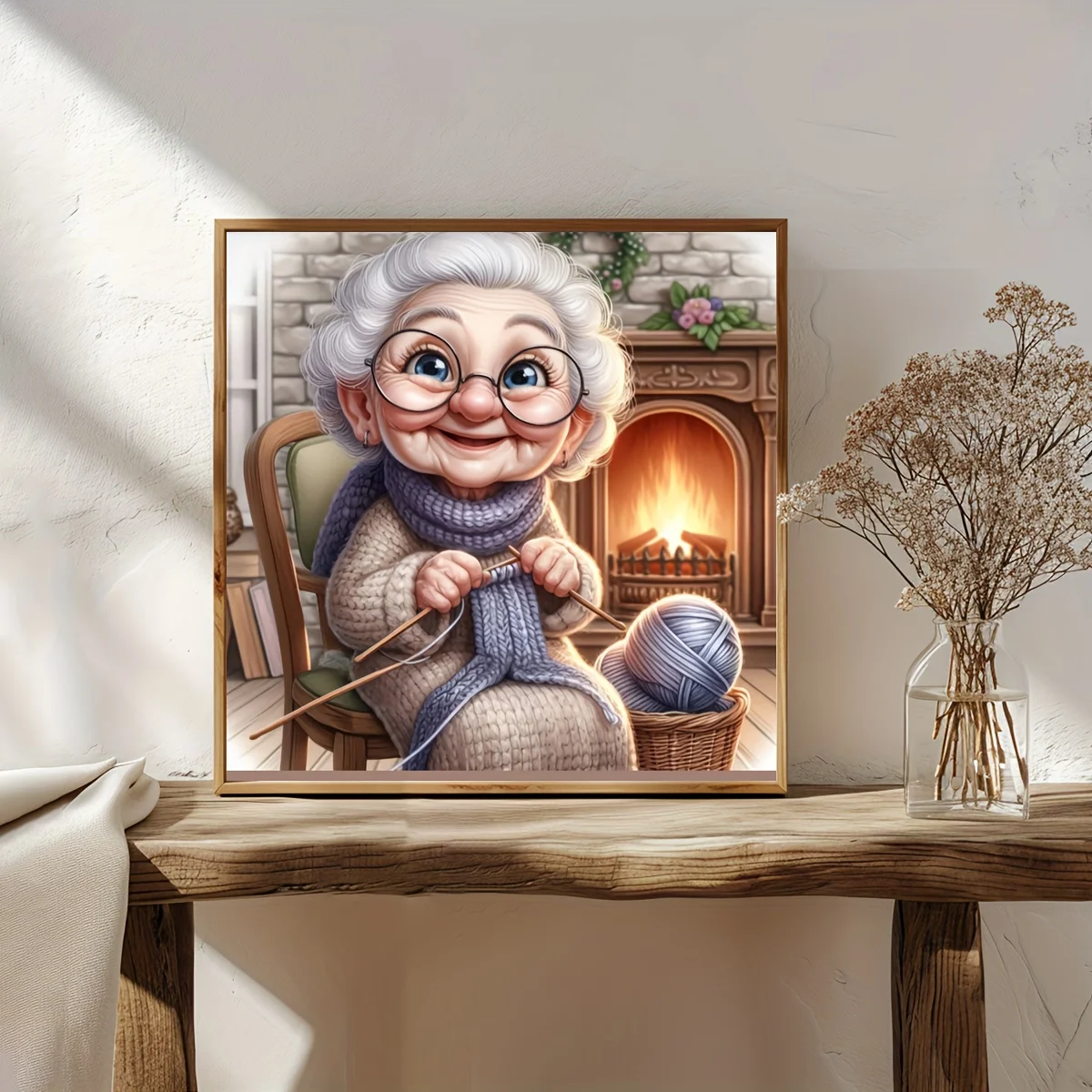 1PC 36X36cm/14.17X14.17inch, 11CT Print Cross Stitch DIY Kit, Cozy Fireplace Knitter, Adult Beginner's Relaxed Cross Stitch