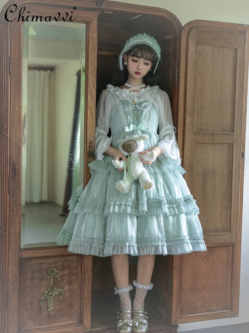 

Original Lolita Style JSK Three-Section Cake Dress Autumn New Sweet Girl's Bean Green Elegant Ladies Daily Mid-length Dresses