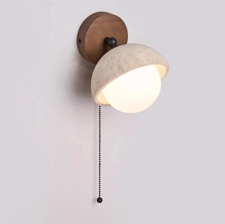 Dark Wood Base LED Wall Lamp Real Stone Vintage Sconce